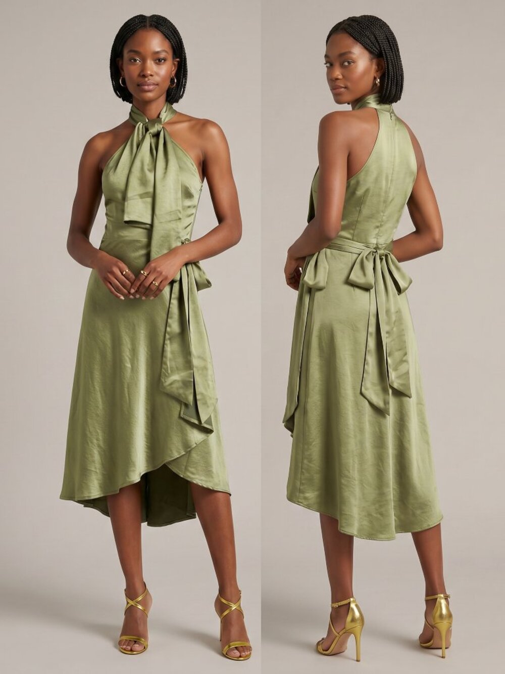 NWT ANDREA IYAMAH Olen tie-neck crinkled-satin wrap dress, size Medium ($395)